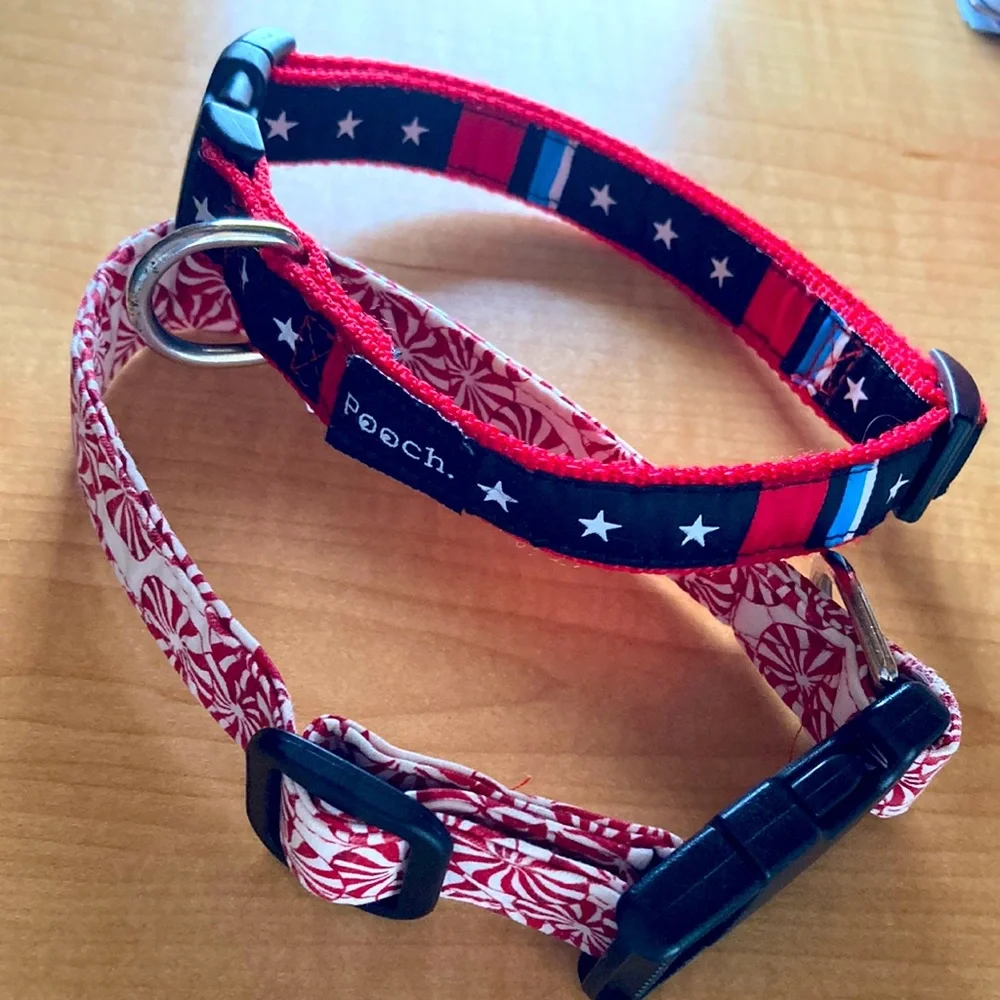 July 4th Holiday Dog collars Christmas peppermint swirls stars red blue SM-Med